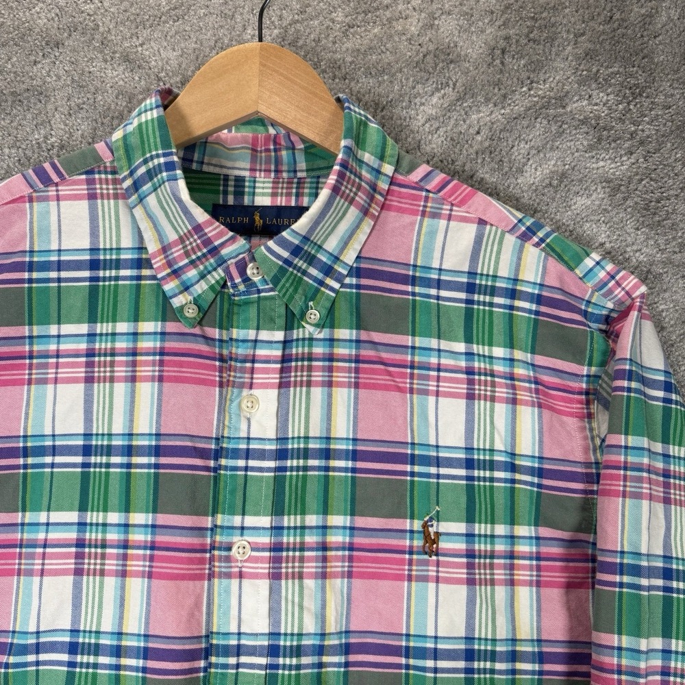 Polo Ralph Lauren Oxford Shirt Mens XL Green Pink Plaid Long Sleeve Logo OCBD